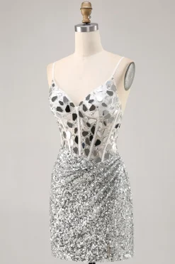 Corset Prata V Pescoço Bodycon Espelho Homecoming Dress