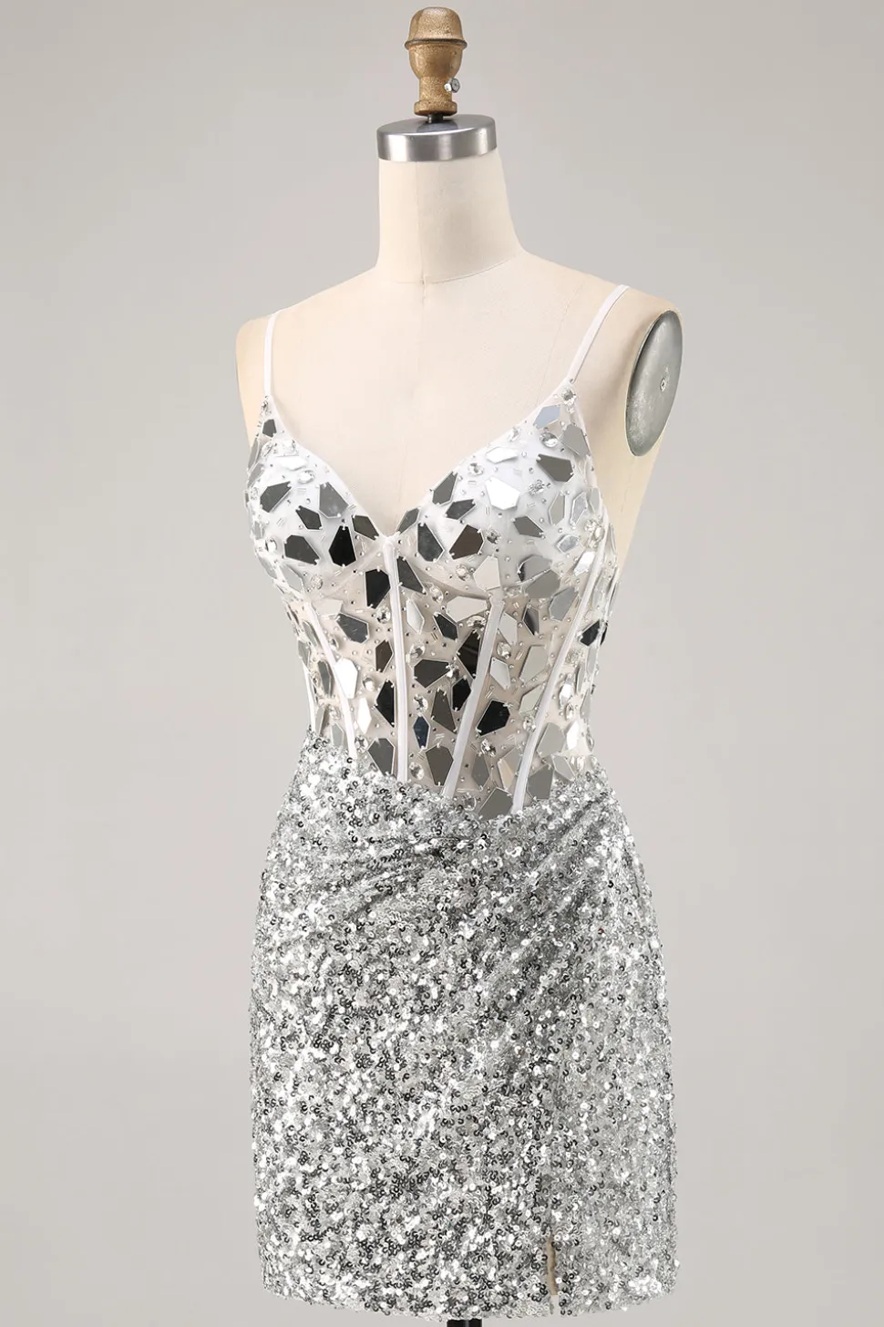 Corset Prata V Pescoço Bodycon Espelho Homecoming Dress