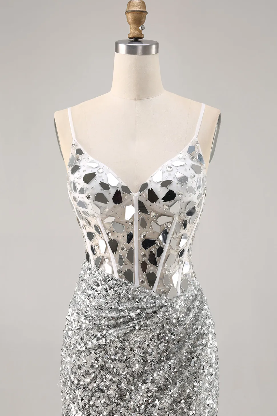 Corset Prata V Pescoço Bodycon Espelho Homecoming Dress