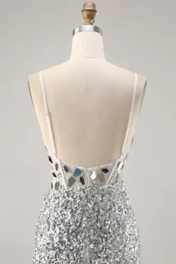 Corset Prata V Pescoço Bodycon Espelho Homecoming Dress