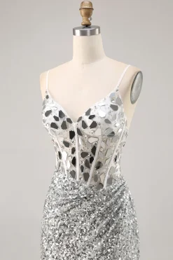 Corset Prata V Pescoço Bodycon Espelho Homecoming Dress