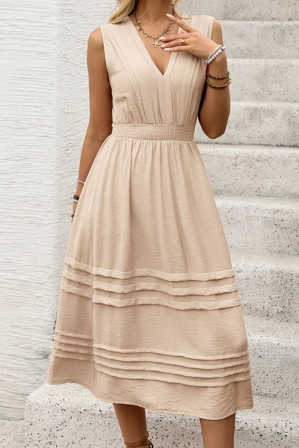 Cáqui Decote em V Linha-A Midi Vestido de Verão