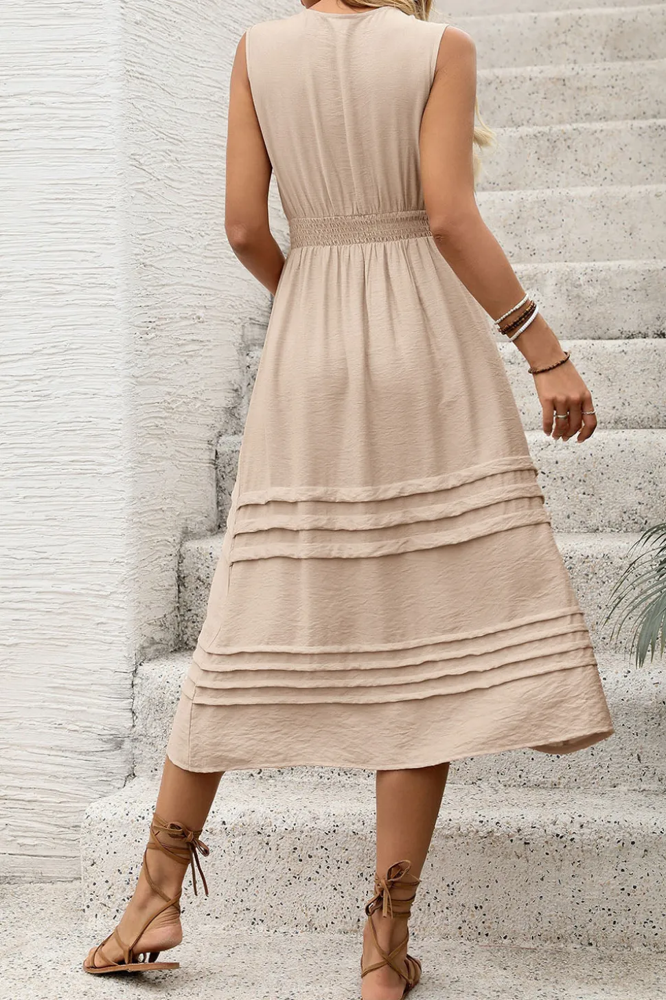 Cáqui Decote em V Linha-A Midi Vestido de Verão
