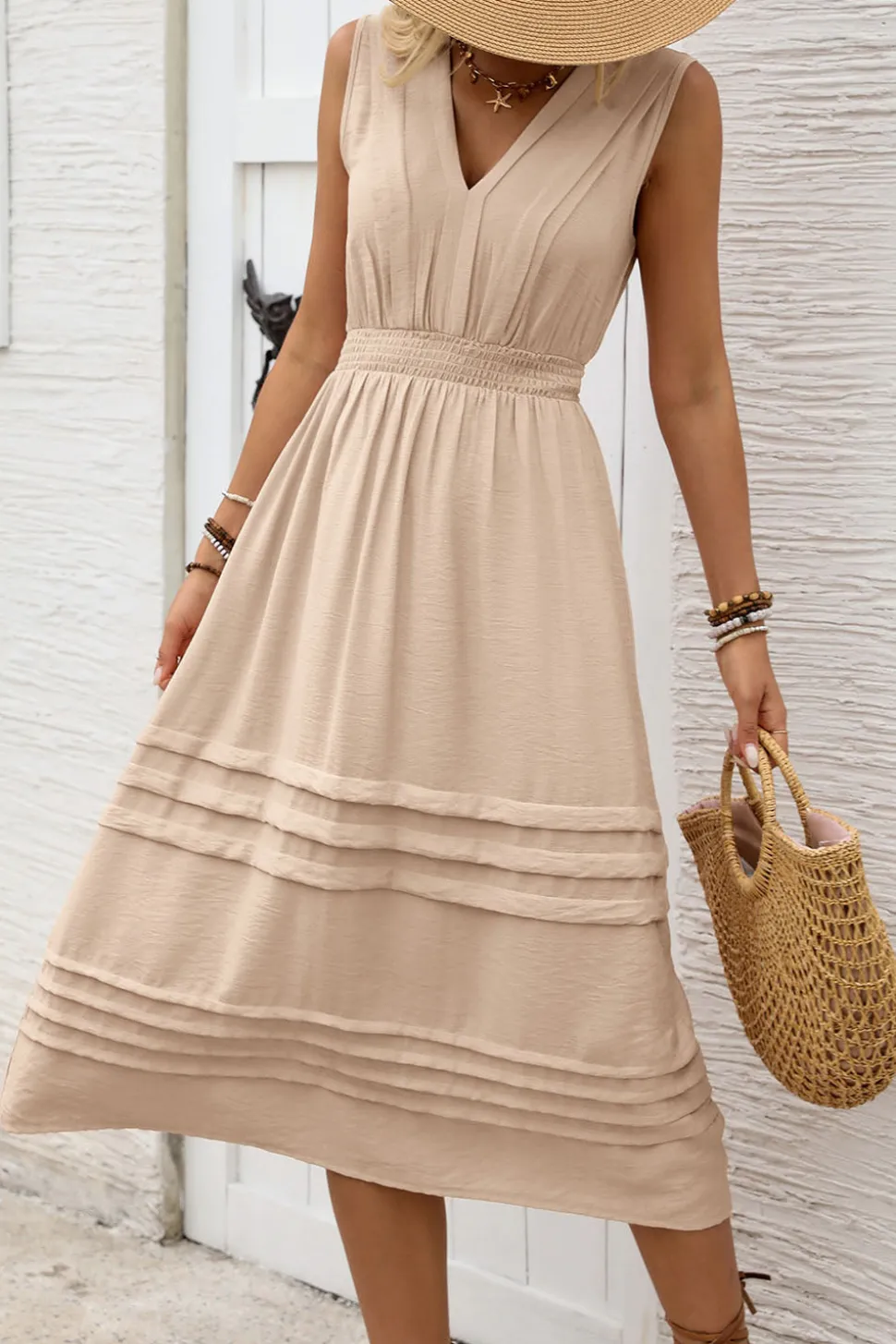Cáqui Decote em V Linha-A Midi Vestido de Verão