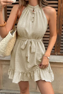 Cáqui Linha-A Cabeçada Curto/Mini Vestido Verão