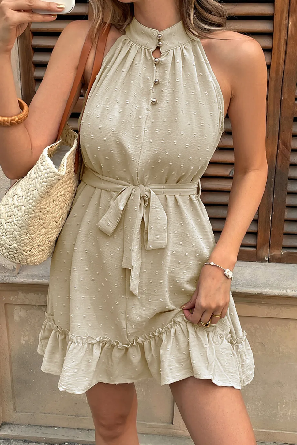 Cáqui Linha-A Cabeçada Curto/Mini Vestido Verão