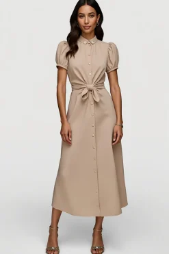 Cáqui Linha-A Cetim Mangas Curtas Midi Vestido Trabalho