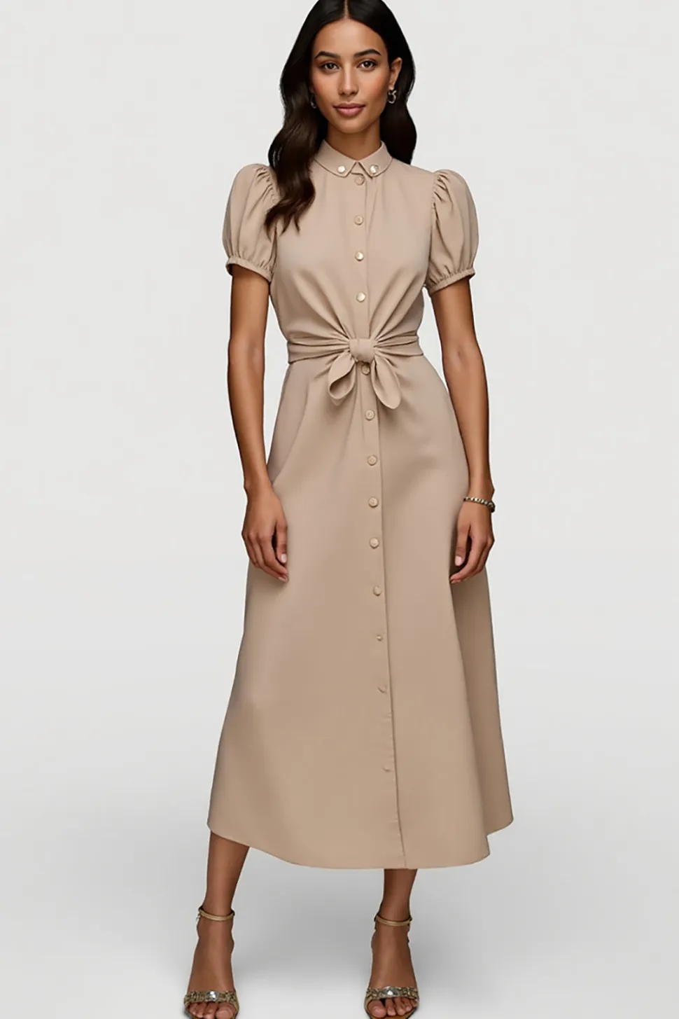 Cáqui Linha-A Cetim Mangas Curtas Midi Vestido Trabalho