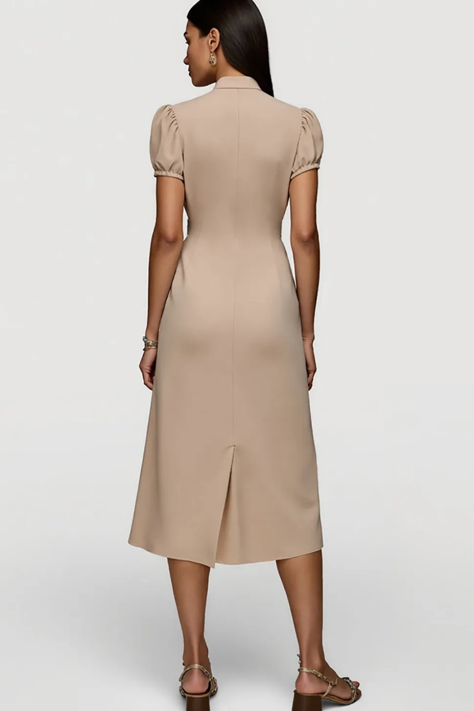 Cáqui Linha-A Cetim Mangas Curtas Midi Vestido Trabalho
