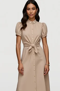 Cáqui Linha-A Cetim Mangas Curtas Midi Vestido Trabalho