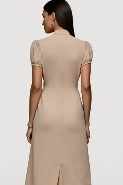 Cáqui Linha-A Cetim Mangas Curtas Midi Vestido Trabalho