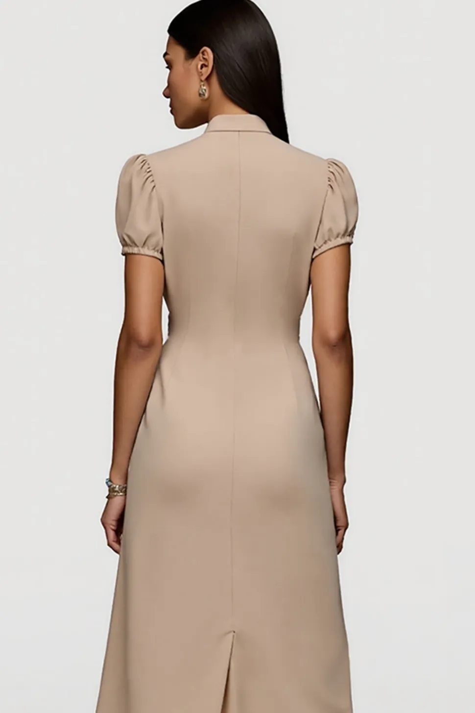 Cáqui Linha-A Cetim Mangas Curtas Midi Vestido Trabalho
