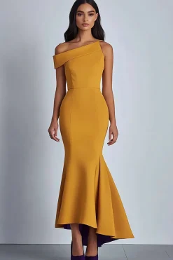 Crepe amarelo um ombro bainha vestido formal