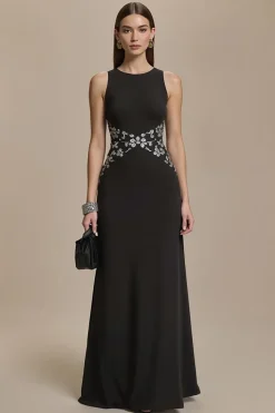 Crepe Bateau Pescoço Preto Uma Linha Vestido Formal