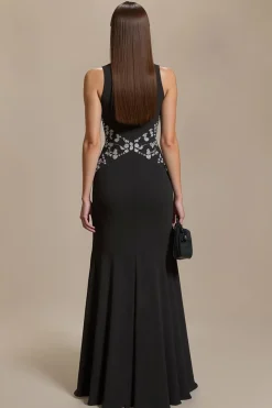 Crepe Bateau Pescoço Preto Uma Linha Vestido Formal