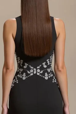 Crepe Bateau Pescoço Preto Uma Linha Vestido Formal