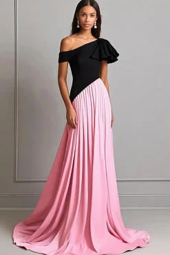 Crepe preto e rosa Um vestido de gala de um ombro