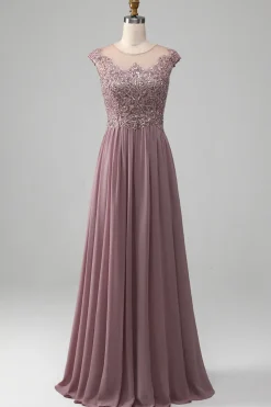 Crepúsculo A-line frisado Chiffon pescoço redondo maxi mãe do vestido da noiva