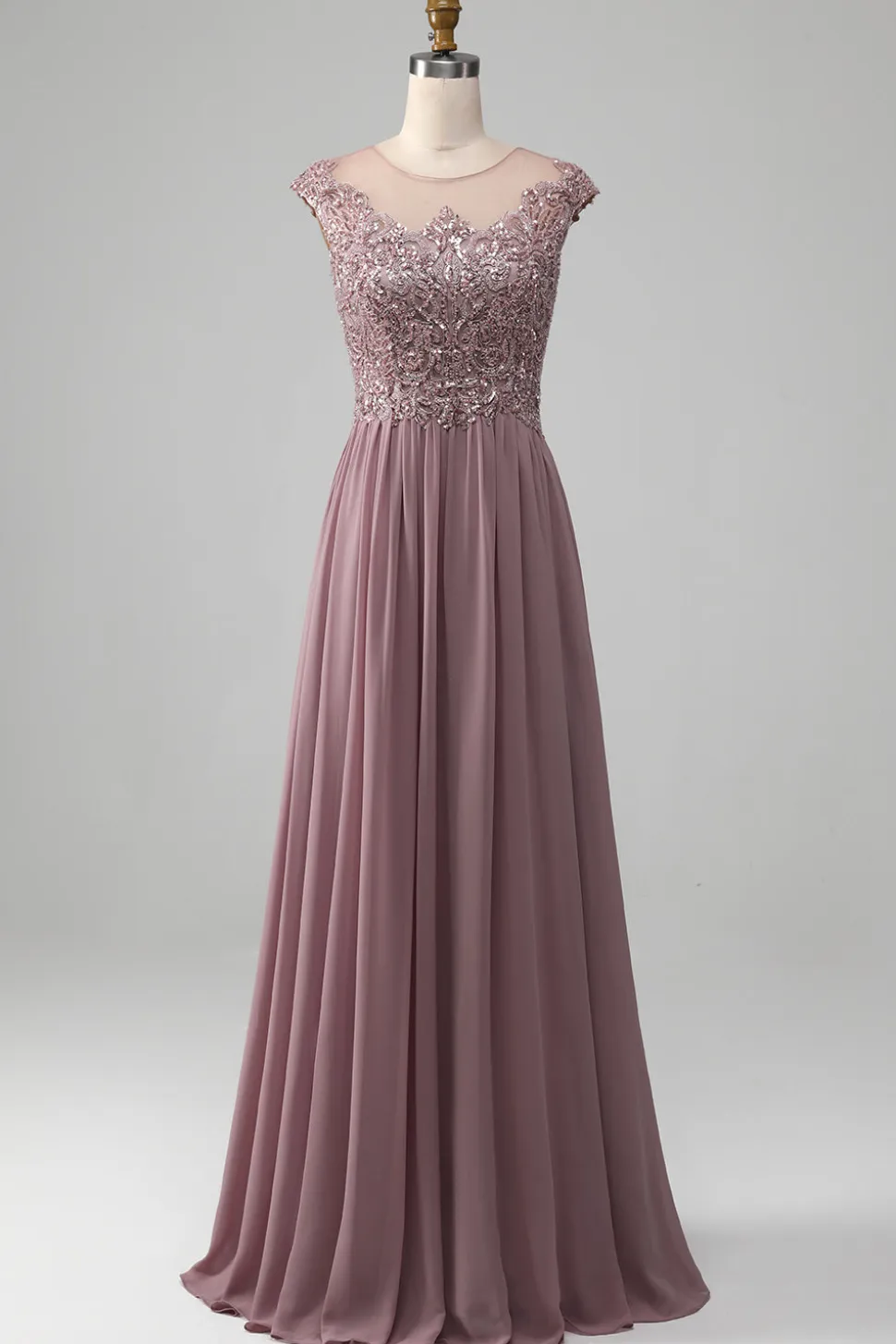 Crepúsculo A-line frisado Chiffon pescoço redondo maxi mãe do vestido da noiva