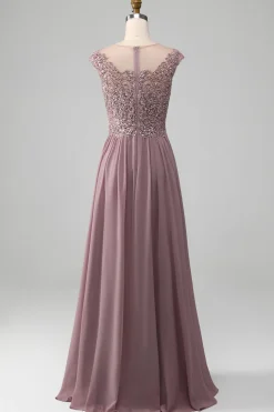 Crepúsculo A-line frisado Chiffon pescoço redondo maxi mãe do vestido da noiva
