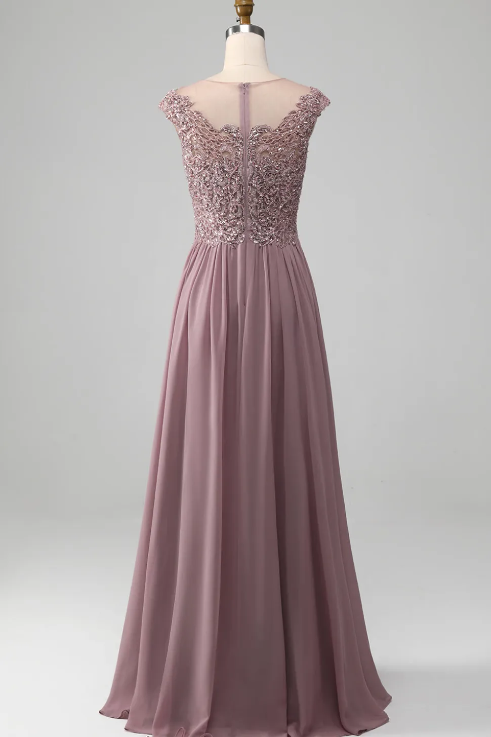 Crepúsculo A-line frisado Chiffon pescoço redondo maxi mãe do vestido da noiva