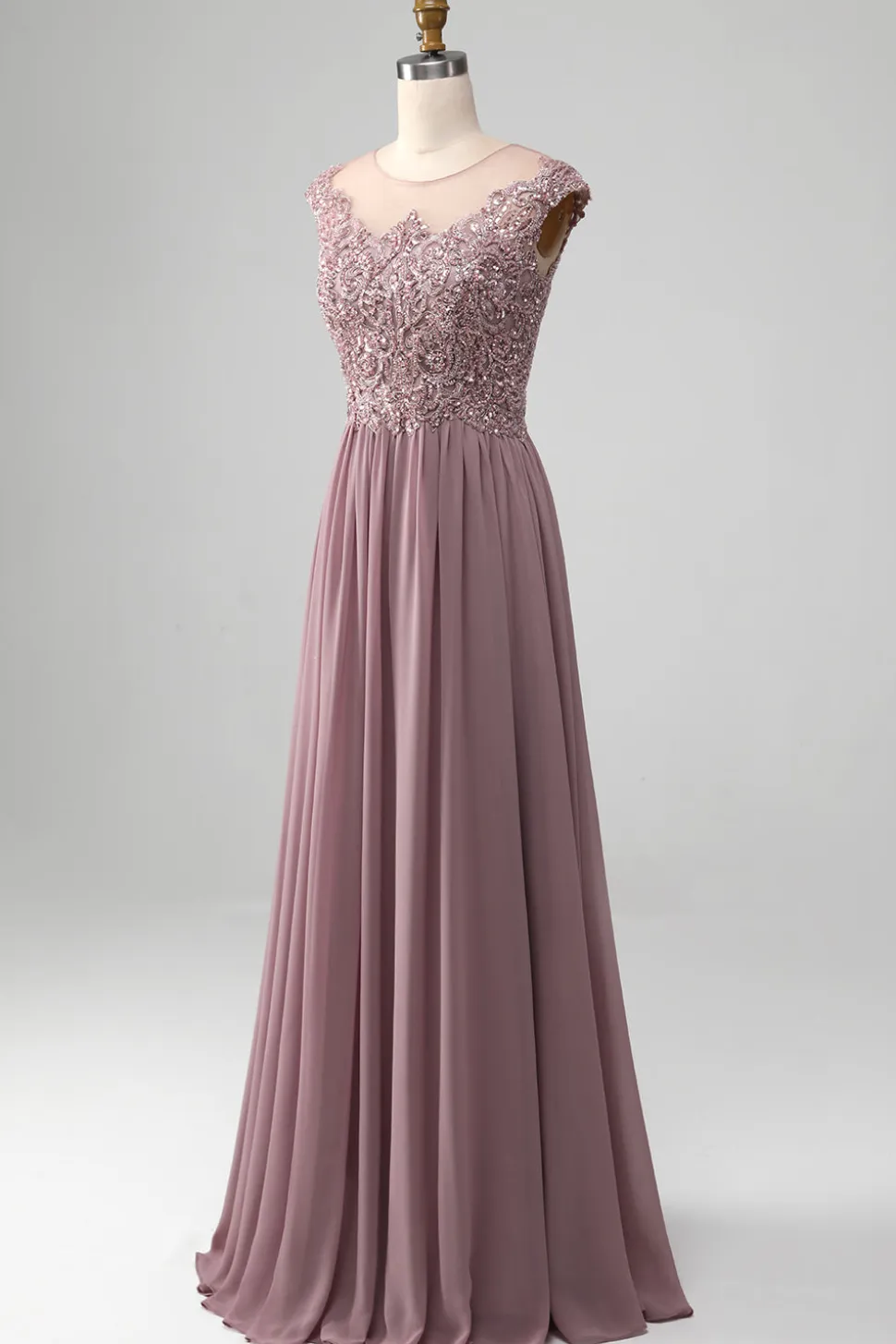 Crepúsculo A-line frisado Chiffon pescoço redondo maxi mãe do vestido da noiva