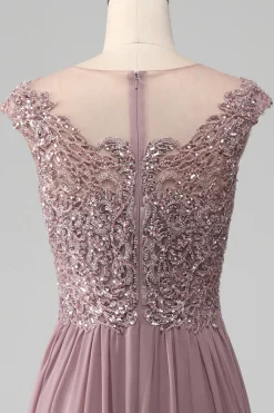 Crepúsculo A-line frisado Chiffon pescoço redondo maxi mãe do vestido da noiva
