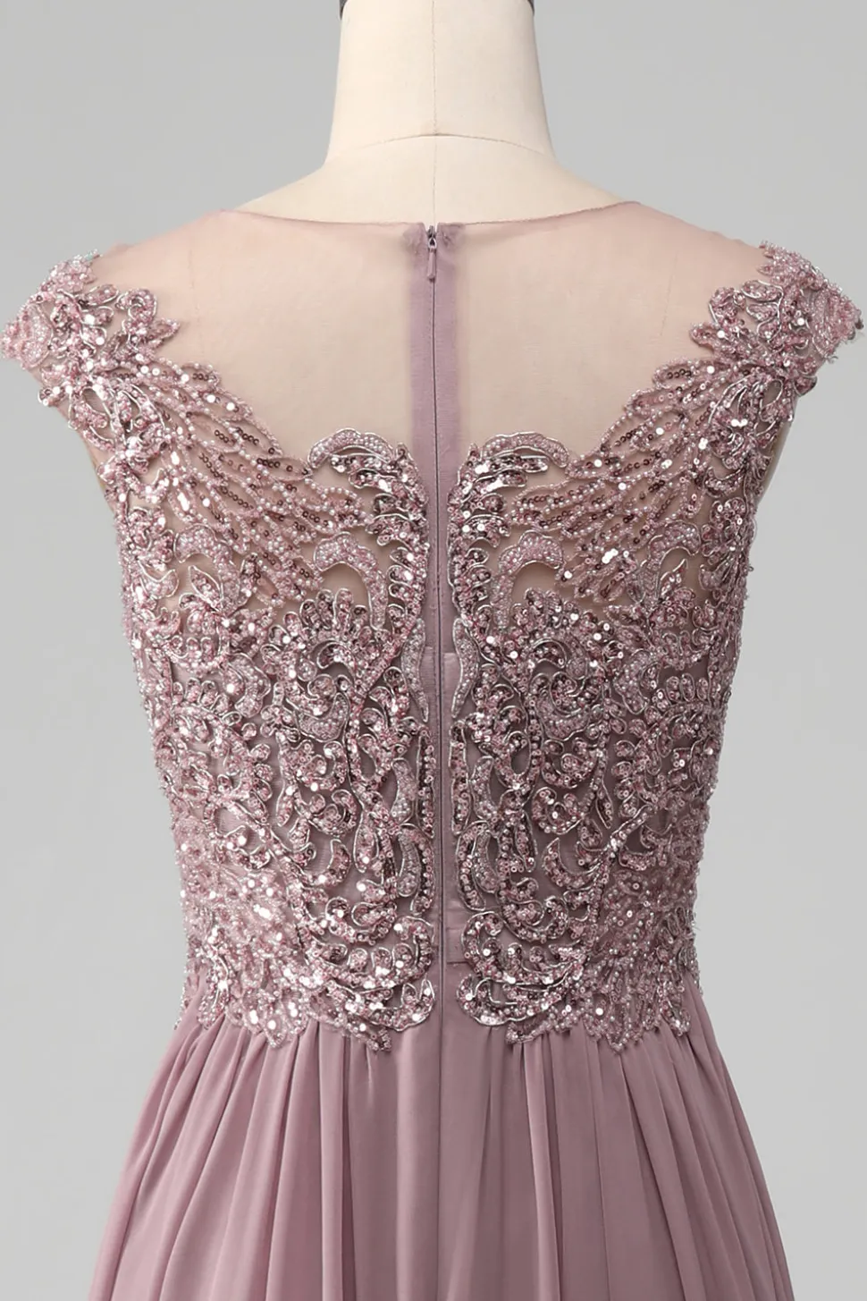 Crepúsculo A-line frisado Chiffon pescoço redondo maxi mãe do vestido da noiva