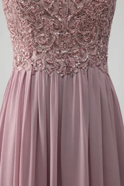 Crepúsculo A-line frisado Chiffon pescoço redondo maxi mãe do vestido da noiva