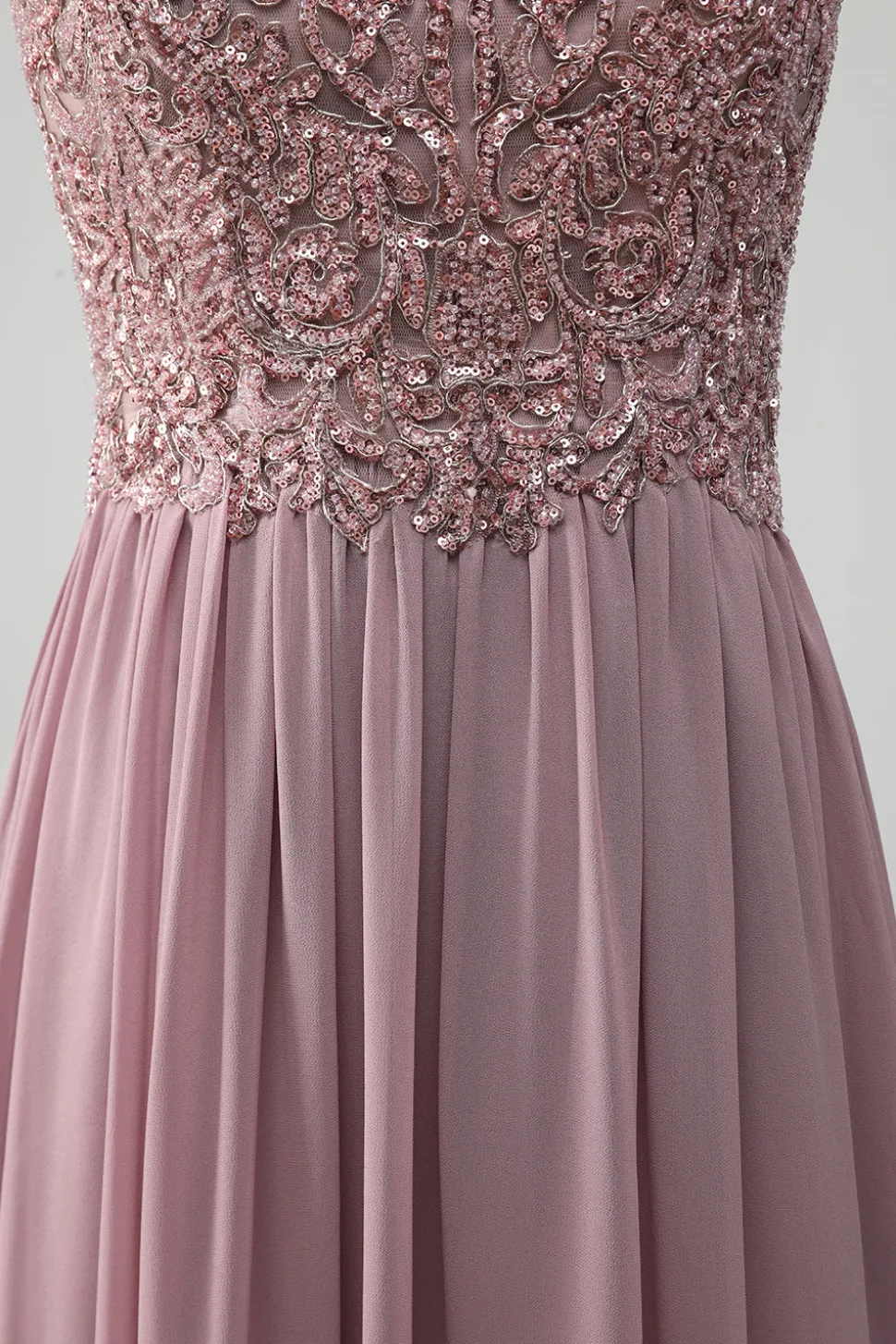 Crepúsculo A-line frisado Chiffon pescoço redondo maxi mãe do vestido da noiva