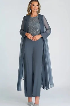 Crepúsculo elegante 2 peças Scoop Chiffon tornozelo-longo mãe dos ternos de noiva com mangas compridas