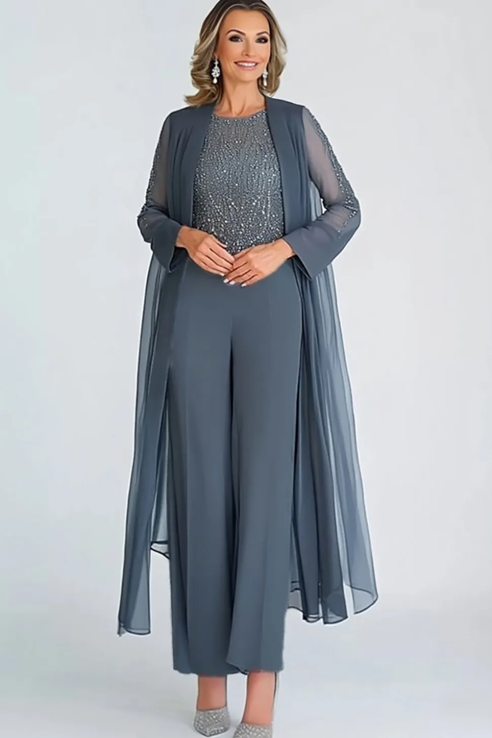 Crepúsculo elegante 2 peças Scoop Chiffon tornozelo-longo mãe dos ternos de noiva com mangas compridas