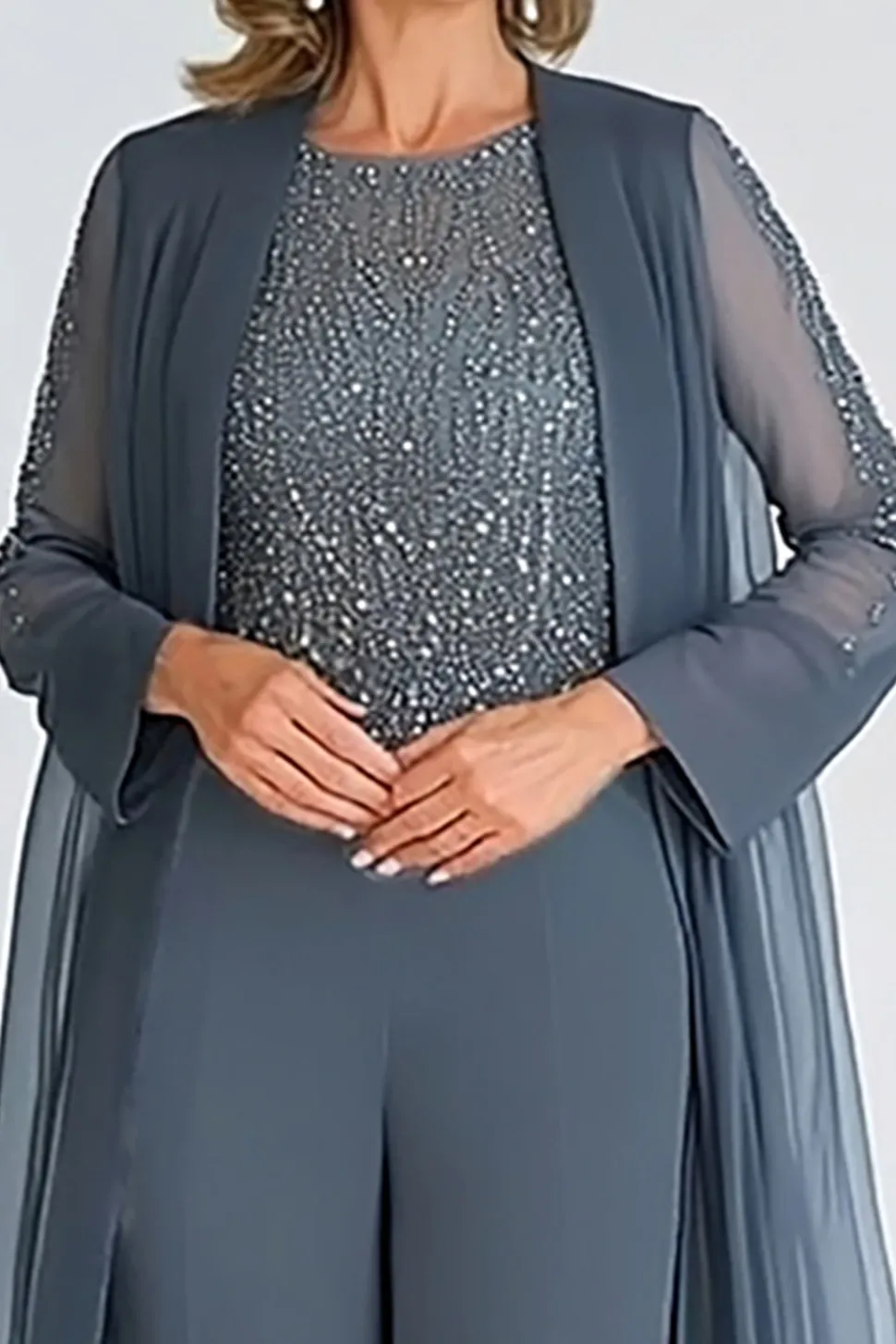 Crepúsculo elegante 2 peças Scoop Chiffon tornozelo-longo mãe dos ternos de noiva com mangas compridas