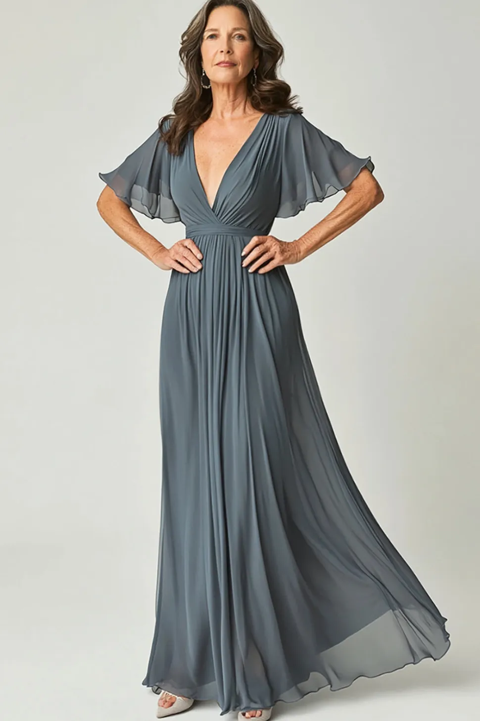 Crepúsculo Elegante A-Line V-neck Ruch Long Chiffon Mãe Do Vestido da Noiva com Mangas Flutter