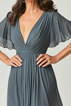 Crepúsculo Elegante A-Line V-neck Ruch Long Chiffon Mãe Do Vestido da Noiva com Mangas Flutter