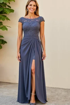 Crepúsculo Ruched Pescoço de Barco Longos Vestido Mae Noiva com Fenda