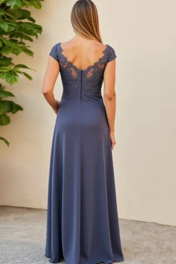 Crepúsculo Ruched Pescoço de Barco Longos Vestido Mae Noiva com Fenda
