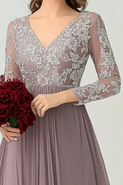 Crepúsculo V pescoço manga comprida mãe do vestido de noiva com apliques