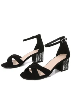 Cruz preta tornozelo Strappy Chunky Heel Sandália