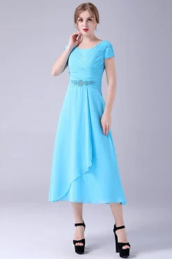 Céu Azul A-Line Pescoço Quadrado Mãe Do Vestido De Noiva Com Plissado