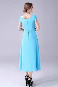 Céu Azul A-Line Pescoço Quadrado Mãe Do Vestido De Noiva Com Plissado