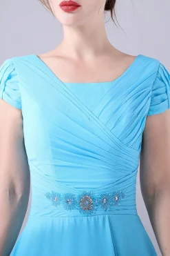 Céu Azul A-Line Pescoço Quadrado Mãe Do Vestido De Noiva Com Plissado
