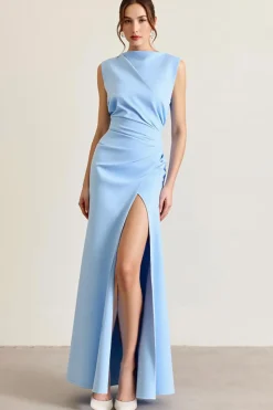 Céu Azul Bainha Sem Mangas Longo Cetim Vestidos Cerimónia com Fenda