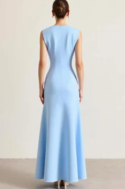Céu Azul Bainha Sem Mangas Longo Cetim Vestidos Cerimónia com Fenda