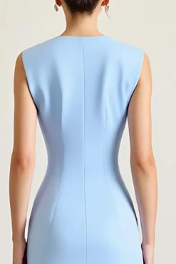 Céu Azul Bainha Sem Mangas Longo Cetim Vestidos Cerimónia com Fenda