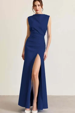 Céu Azul Bainha Sem Mangas Longo Cetim Vestidos Cerimónia com Fenda