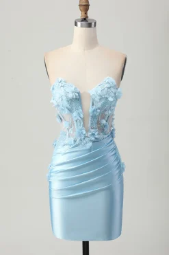 Céu Azul Cetim Espartilho Brilhante Mini Vestido Cocktail