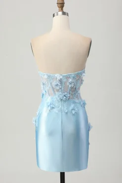 Céu Azul Cetim Espartilho Brilhante Mini Vestido Cocktail