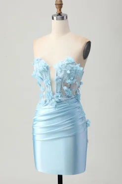 Céu Azul Cetim Espartilho Brilhante Mini Vestido Cocktail