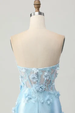 Céu Azul Cetim Espartilho Brilhante Mini Vestido Cocktail